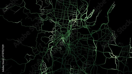 Zoom in road map of Brisbane Australia with green glowing roads on a black background.