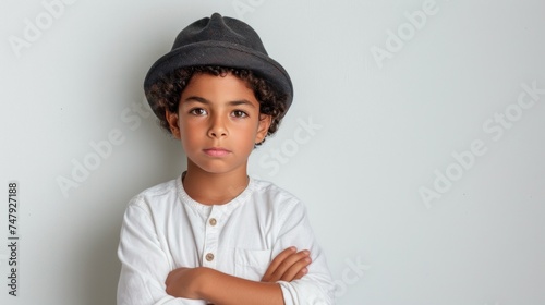 Young boy with curly hair wearing a fedora hat and a white shirt with arms crossed standing against a plain white background.