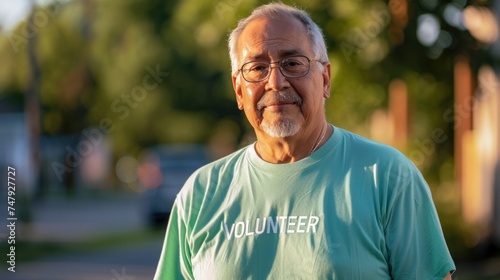 An elderly man with a beard and glasses wearing a green t-shirt with the word "VOLUNTEER" on it standing outdoors with a blurred background.