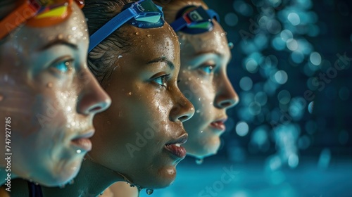 A close-up of three swimmers' faces wet from the water with goggles on looking forward with determination.