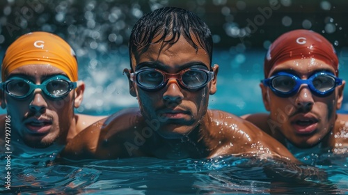 Three male swimmers in a pool wearing goggles and swim caps with water droplets in the air showcasing their concentration and athleticism.