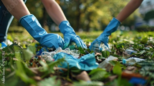 Two gloved hands picking up trash in a park.
