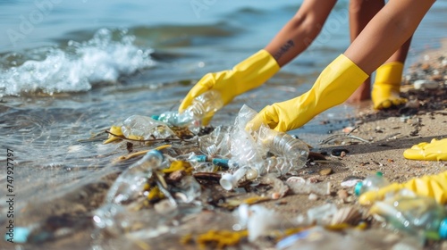 Two people wearing yellow gloves are picking up trash from a beach showing environmental concern and action. © iuricazac