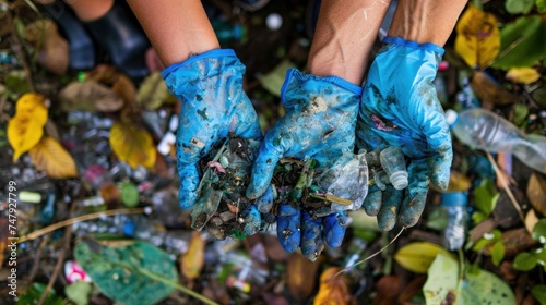 Two gloved hands holding plastic trash amidst a pile of leaves and debris.