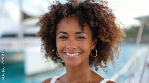 Smiling woman with curly hair wearing gold hoop earrings standing on a boat with a blue ocean background. photo