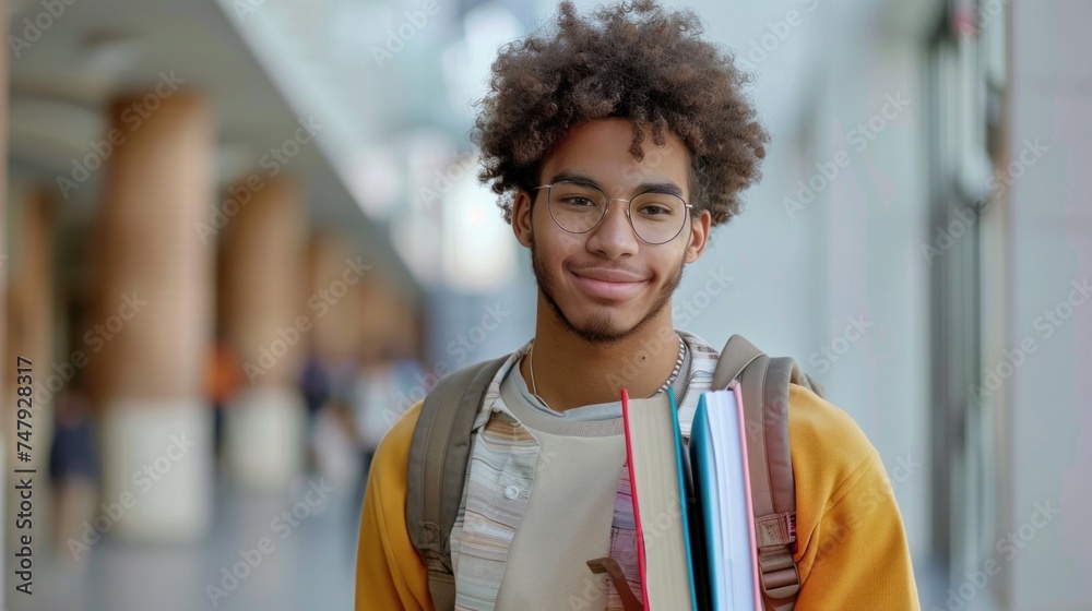 Young man with curly hair glasses and a backpack smiling and holding books standing in a hallway with blurred figures in the background.