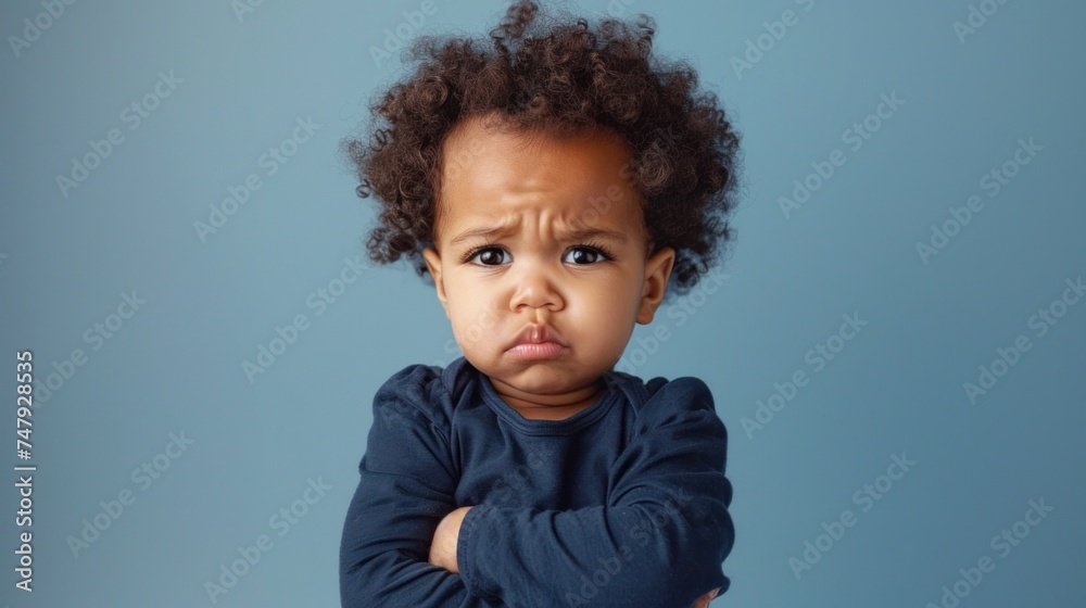 A young child with curly hair frowning and arms crossed wearing a dark blue long-sleeved shirt against a light blue background. A young child with curly hair frowning and arms crossed wearing a dark blue long-sleeved shirt against a light blue background.