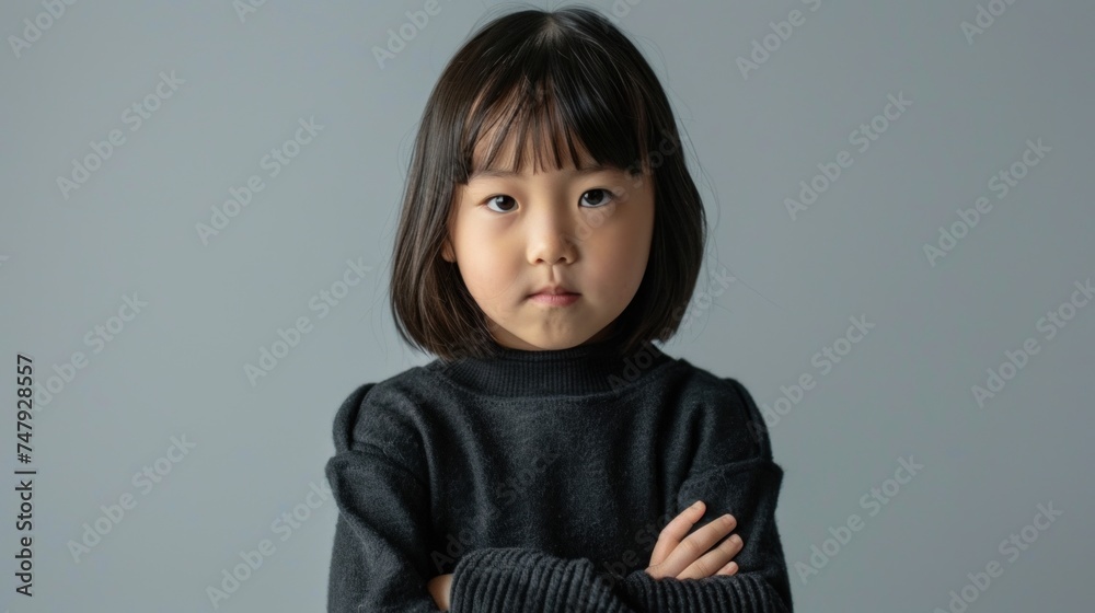 A young girl with dark hair wearing a dark turtleneck standing against a light gray background with her arms crossed. A young girl with dark hair wearing a dark turtleneck standing against a light gray background with her arms crossed.