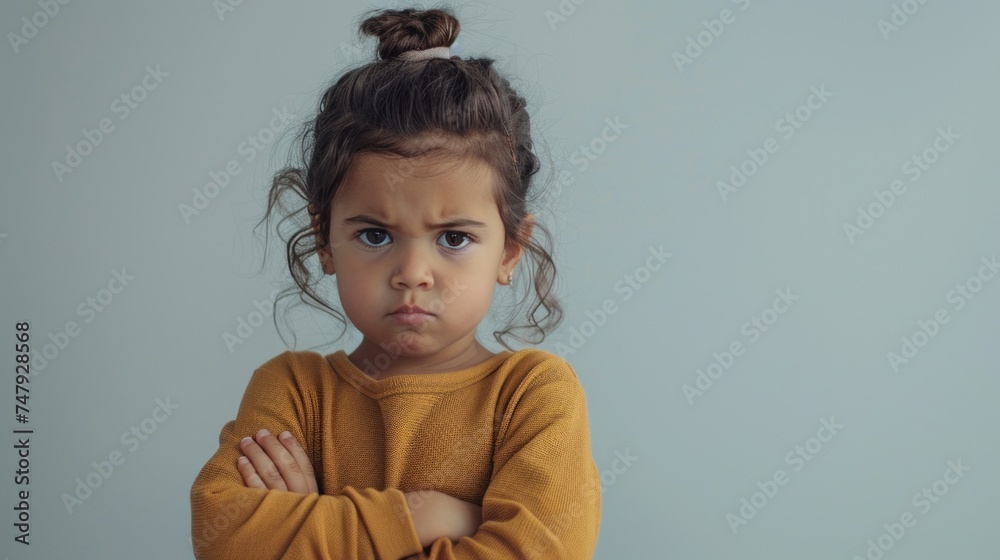 Young girl with a frown arms crossed wearing a yellow top with her hair in a bun. Young girl with a frown arms crossed wearing a yellow top with her hair in a bun.