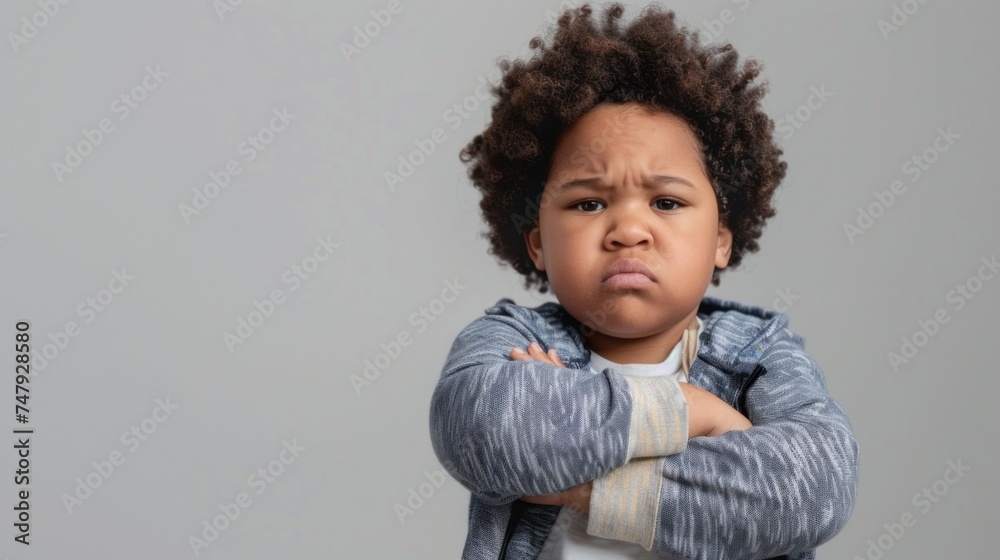 A young child with curly hair frowning and arms crossed wearing a gray jacket with a white shirt underneath against a neutral gray background. A young child with curly hair frowning and arms crossed wearing a gray jacket with a white shirt underneath against a neutral gray background.