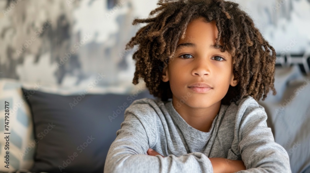Young child with curly hair wearing a gray long-sleeve shirt sitting on a couch with a geometric patterned pillow looking directly at the camera with a neutral expression. Young child with curly hair wearing a gray long-sleeve shirt sitting on a couch with a geometric patterned pillow looking directly at the camera with a neutral expression.