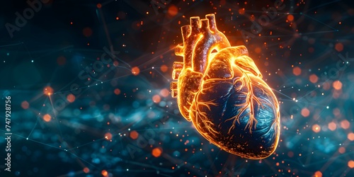 A digital network connects to a glowing human heart on blue background. Concept Technology, Heart, Connection, Network, Health