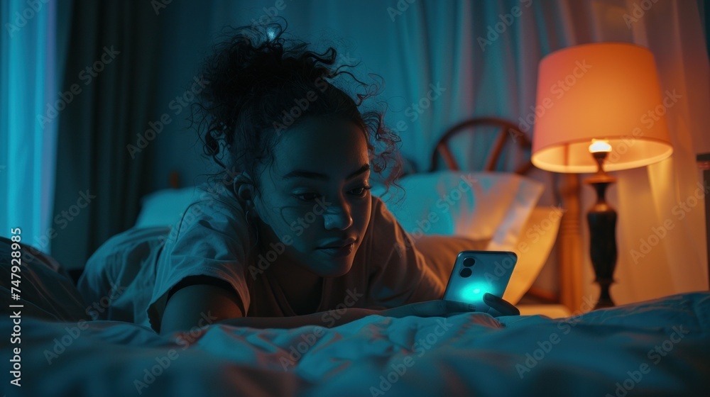 A young woman with curly hair lying in bed looking at a glowing smartphone screen with a warmly lit lamp in the background.