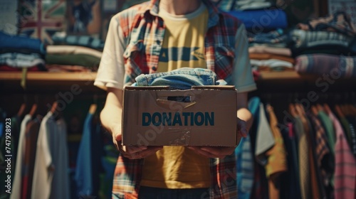 Young person holding a donation box filled with clothing standing in front of a rack of clothes in a thrift store.