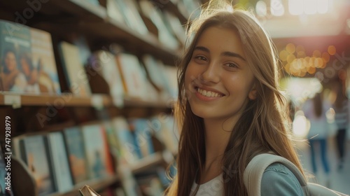 Young woman with a radiant smile standing in a bookstore surrounded by bookshelves filled with books with a soft focus on the background.