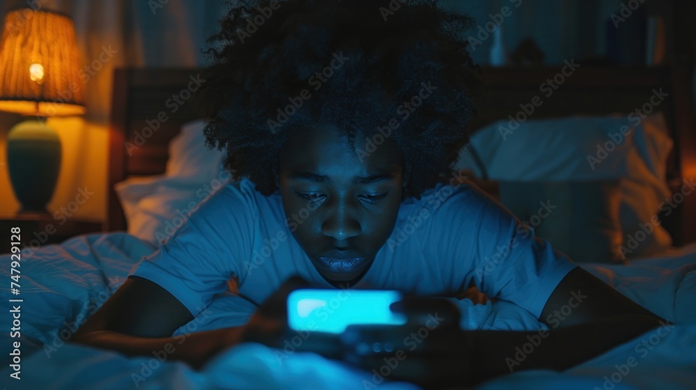 A young person with curly hair lying in bed at night illuminated by the glow of a smartphone screen. A young person with curly hair lying in bed at night illuminated by the glow of a smartphone screen.