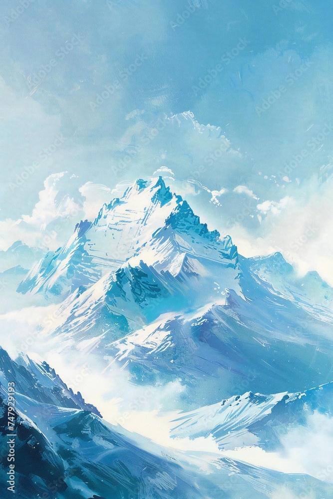 Obraz premium Simple gouache style mountain landscape, white and blue sky Generative Ai 
