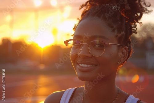 Radiant young woman smiling at sunset, warm backlit portrait