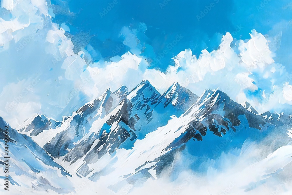Obraz premium Simple gouache style mountain landscape, white and blue sky Generative Ai 