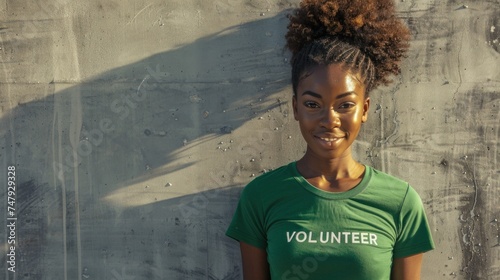A young woman with a vibrant smile wearing a green t-shirt with the word "VOLUNTEER" in white letters standing against a textured gray wall with a hint of sunlight casting a soft shadow.