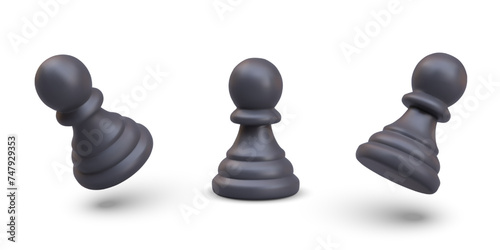Black realistic pawn. Set of figurines in different positions