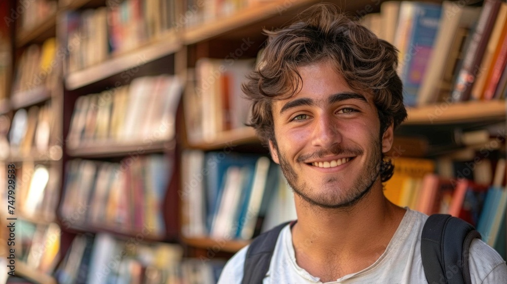 Young man with curly hair and beard smiling standing in front of a bookshelf filled with books. Young man with curly hair and beard smiling standing in front of a bookshelf filled with books.