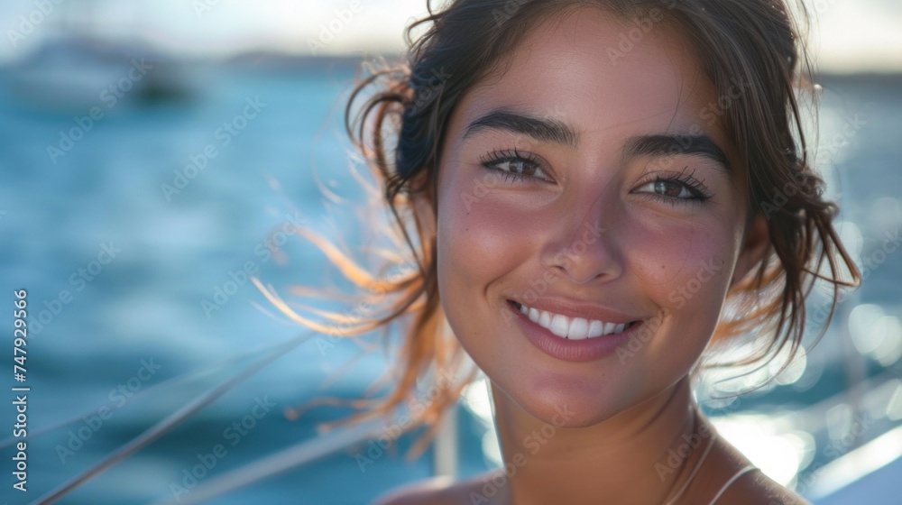 A young woman with a radiant smile her hair blowing in the wind against a backdrop of a serene ocean with a boat in the distance.