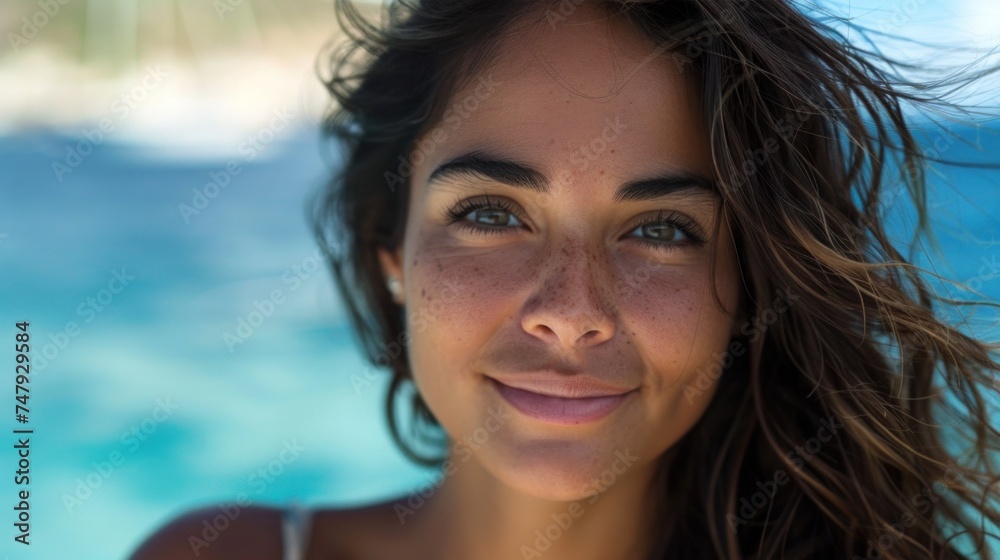 A woman with a radiant smile freckles and long hair looking directly at the camera with a serene backdrop of blue water. A woman with a radiant smile freckles and long hair looking directly at the camera with a serene backdrop of blue water.