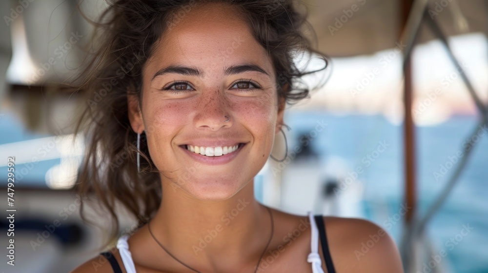 Smiling woman with dark hair and freckles wearing a white tank top standing on a boat with a blue ocean in the background.