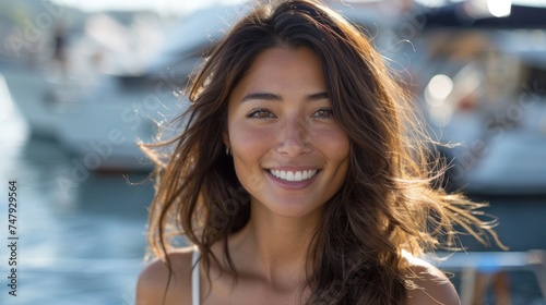 Beautiful woman with long brown hair smiling at the camera standing near a body of water with boats in the background.