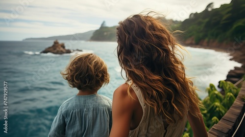 Mother and Son Watching Sea, Back View