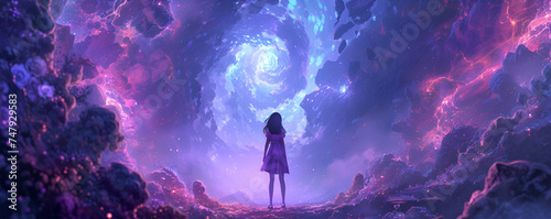anime girl 2d art ultra wide shot purple and blue photo