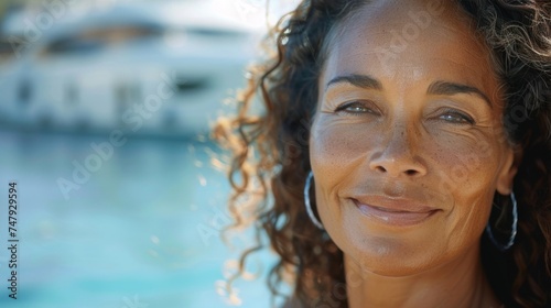 Smiling woman with curly hair wearing hoop earrings standing near a boat on a sunny day.