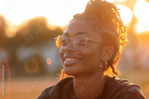 Happy young woman enjoying summer sunset outdoors smiling portrait