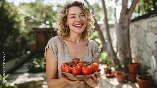 A joyful woman with curly hair wearing a light-colored top holds a wooden bowl filled with ripe red tomatoes standing in a garden with potted plants in the background.