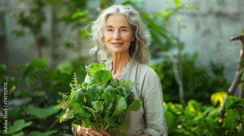 A woman with gray hair wearing a light-colored top holding a bunch of fresh green vegetables standing in a garden with lush greenery in the background.