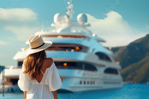 Girl Silhouette on Pier with Private Yacht