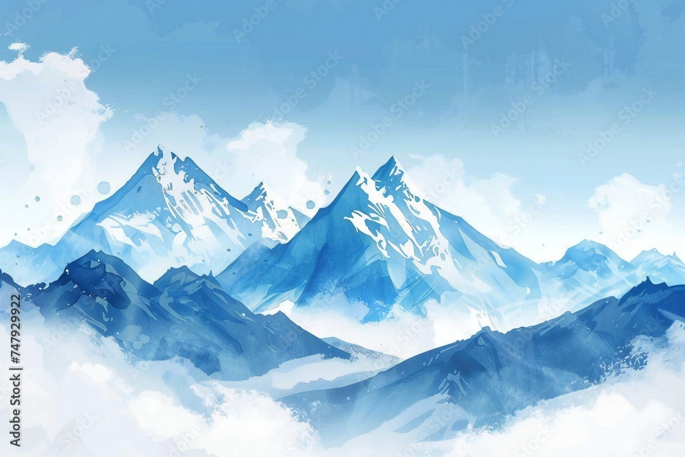 Obraz premium Simple gouache style mountain landscape, white and blue sky Generative Ai 