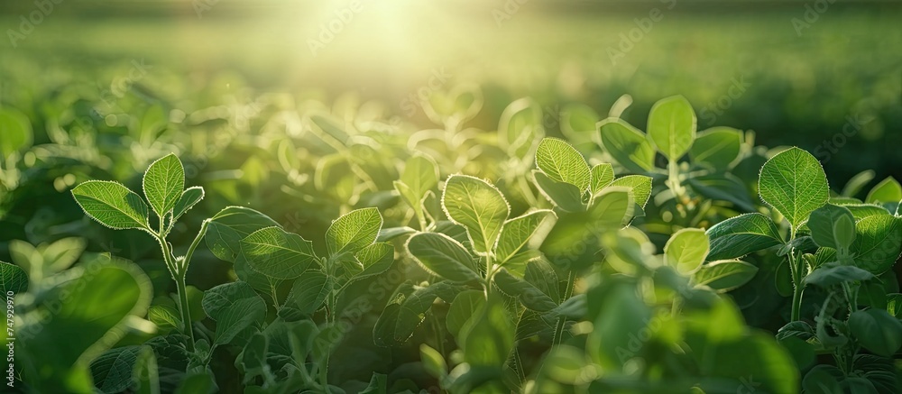A vast expanse of green soybean plants fills the frame, stretching towards the horizon. The bright sun shines in the background, casting a warm golden glow over the lush vegetation. A vast expanse of green soybean plants fills the frame, stretching towards the horizon. The bright sun shines in the background, casting a warm golden glow over the lush vegetation.