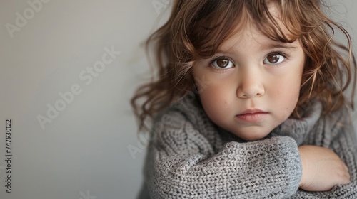 A young child with curly hair wearing a gray sweater looking contemplative with arms crossed.