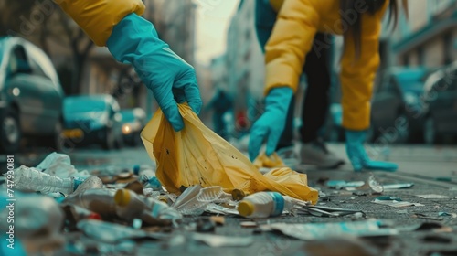 Two gloved hands picking up trash on a city street.