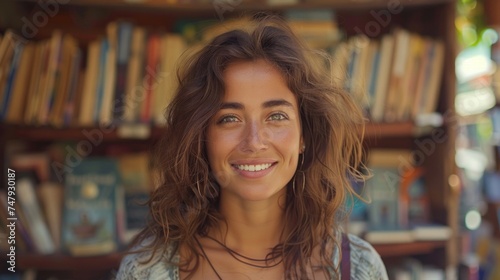 Smiling woman with brown hair wearing a necklace standing in front of a bookshelf filled with books.
