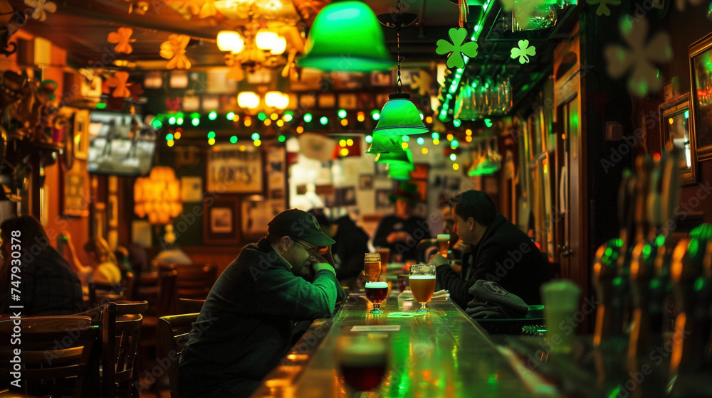 Traditional Irish Bar with Shamrock decorated Interior