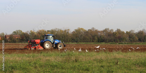 Trattore nel campo agricolo per arare il terreno per la successiva semina e gli uccelli fanno festa photo