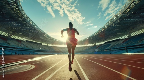 A female athlete in a red tracksuit sprinting towards the finish line in a stadium with a bright sky. photo
