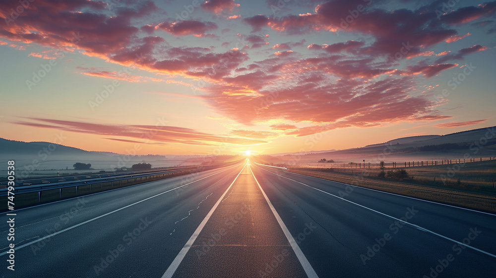 A detailed photograph capturing a highway during a sunrise