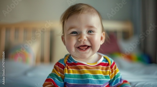 A joyful baby with a big smile wearing a colorful striped shirt sitting on a bed with a rainbow-colored pillow in the background.