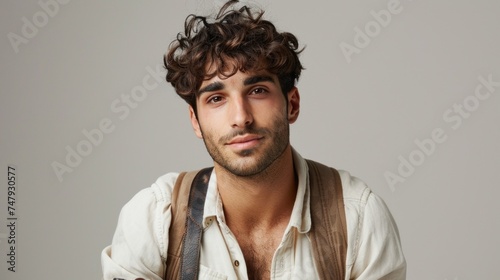 Young man with curly hair beard and mustache wearing a white shirt and brown suspenders posing with a slight smile against a neutral background.