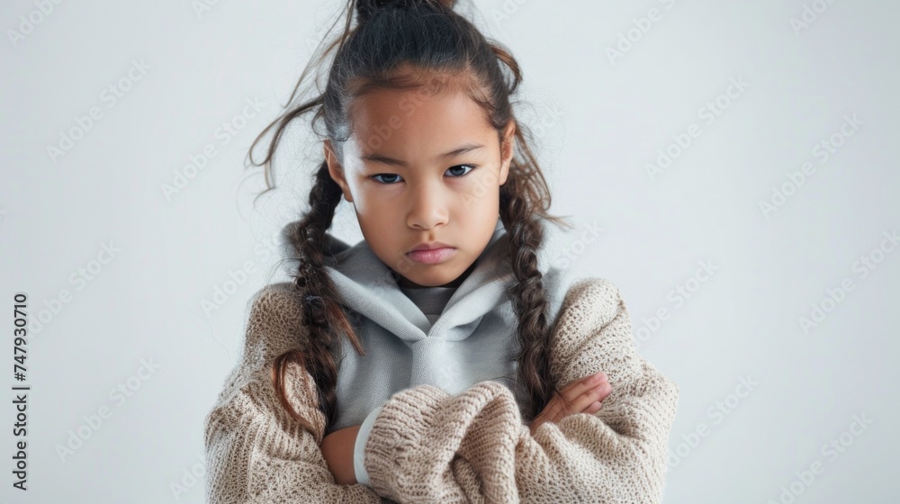 Young girl with braided hair wearing a white sweater standing against a white background looking directly at the camera with a serious expression. Young girl with braided hair wearing a white sweater standing against a white background looking directly at the camera with a serious expression.