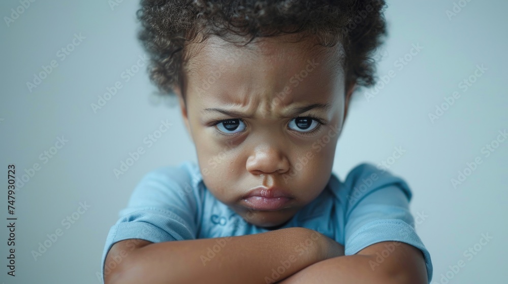 Naklejka premium A young child with a frowning expression crossed arms and curly hair wearing a blue shirt.